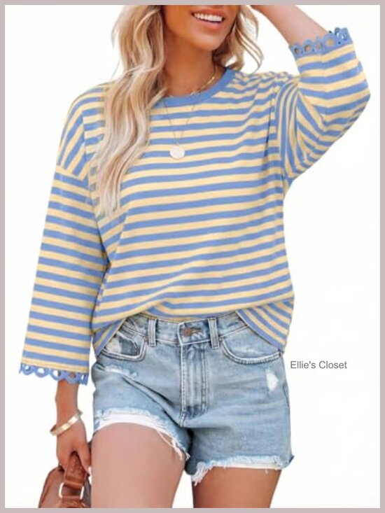 Tops - Women's Oversized Striped Crewneck Pullover Sweatshirt 3/4 Sleeve